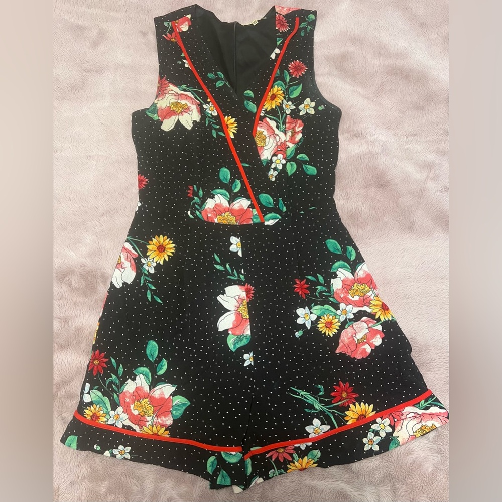 Black Floral Polka Dot Romper with Red Trim